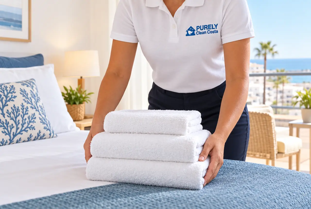 Folded white towels placed on a freshly made bed for the next guests